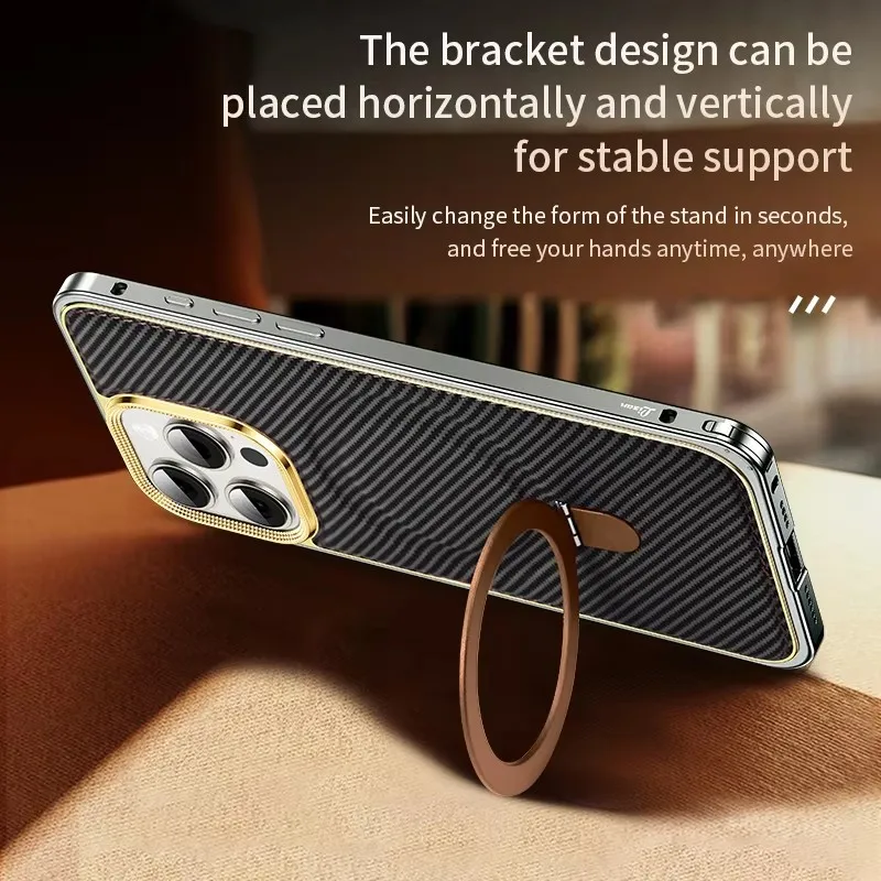 High quality Magnetic Carbon Fiber Texture Phone Case For Iphone 14 15 Pro Max Metal Frame Stand Holder Phone Cover