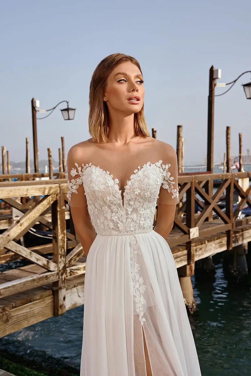 Vestido de novia de gasa con corte en A para mujer, traje de novia con abertura lateral, apliques de encaje, longitud hasta el suelo, personalizable a las medidas, 2024, 2024