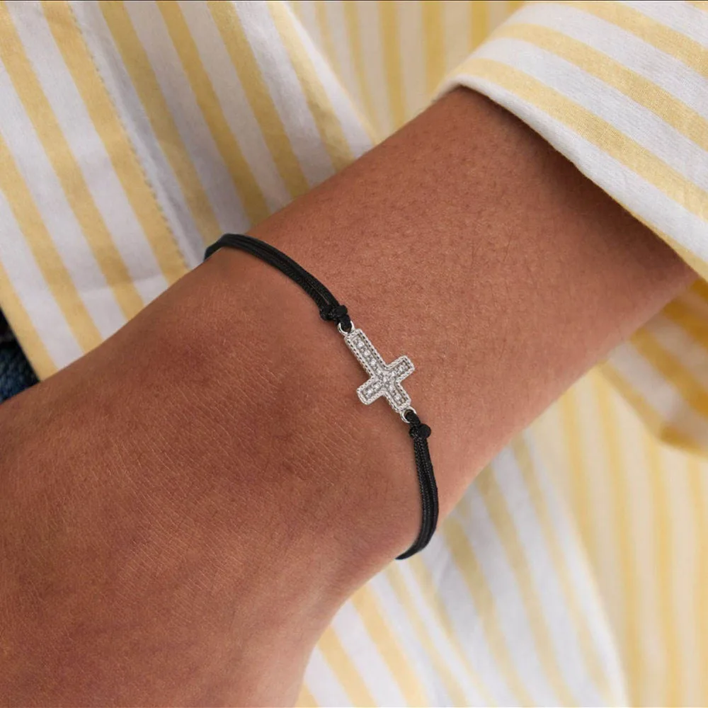 

White Gold Plated 925 Sterling Silver Zirconia Cross Black Braided Rope Bracelet for Women Jewelry