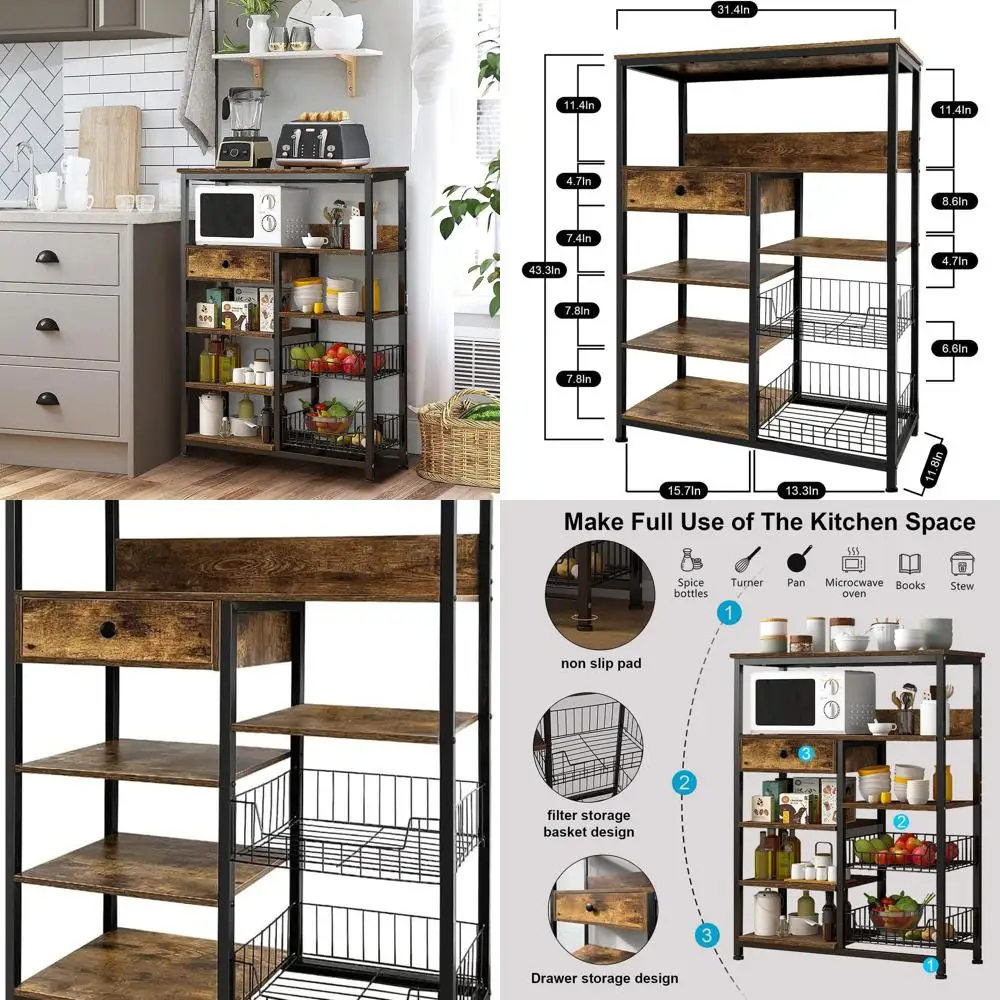 

5-Tier Rustic Brown Kitchen Baker's Rack with Industrial Oven Stand and Utility Storage for Spices, Pots, and Pans