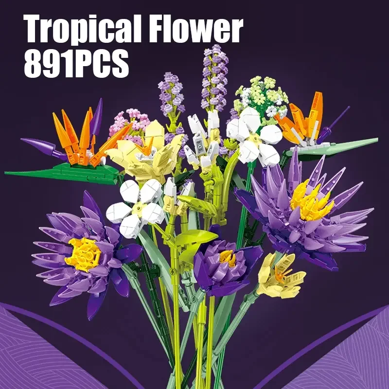

891PCS Tropical Flower Bouquet Building Blocks Toys Home Decor Ornament DIY Plant Assembly Sets Bricks Toys Creative Gifts
