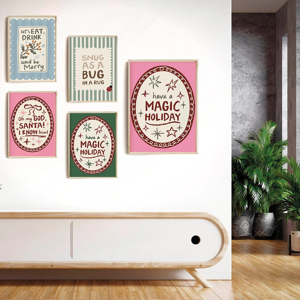 1pc frameless Canvas Painting Minimalist Pink Merry Magic Holiday Quotes Canvas Print Wall Art Posters for Modern Christmas Warm