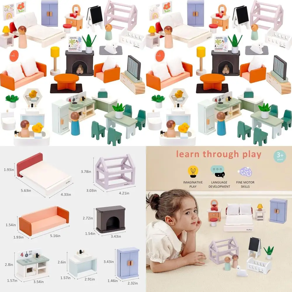 

56-Piece Wooden Modern Dollhouse Set for Kids, Montessori-Inspired Play, Ages 3+