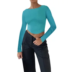 Women´s Long Sleeve Cropped Tops Solid Color Round Neck Backless Show Navel T-shirt for Spring Summer