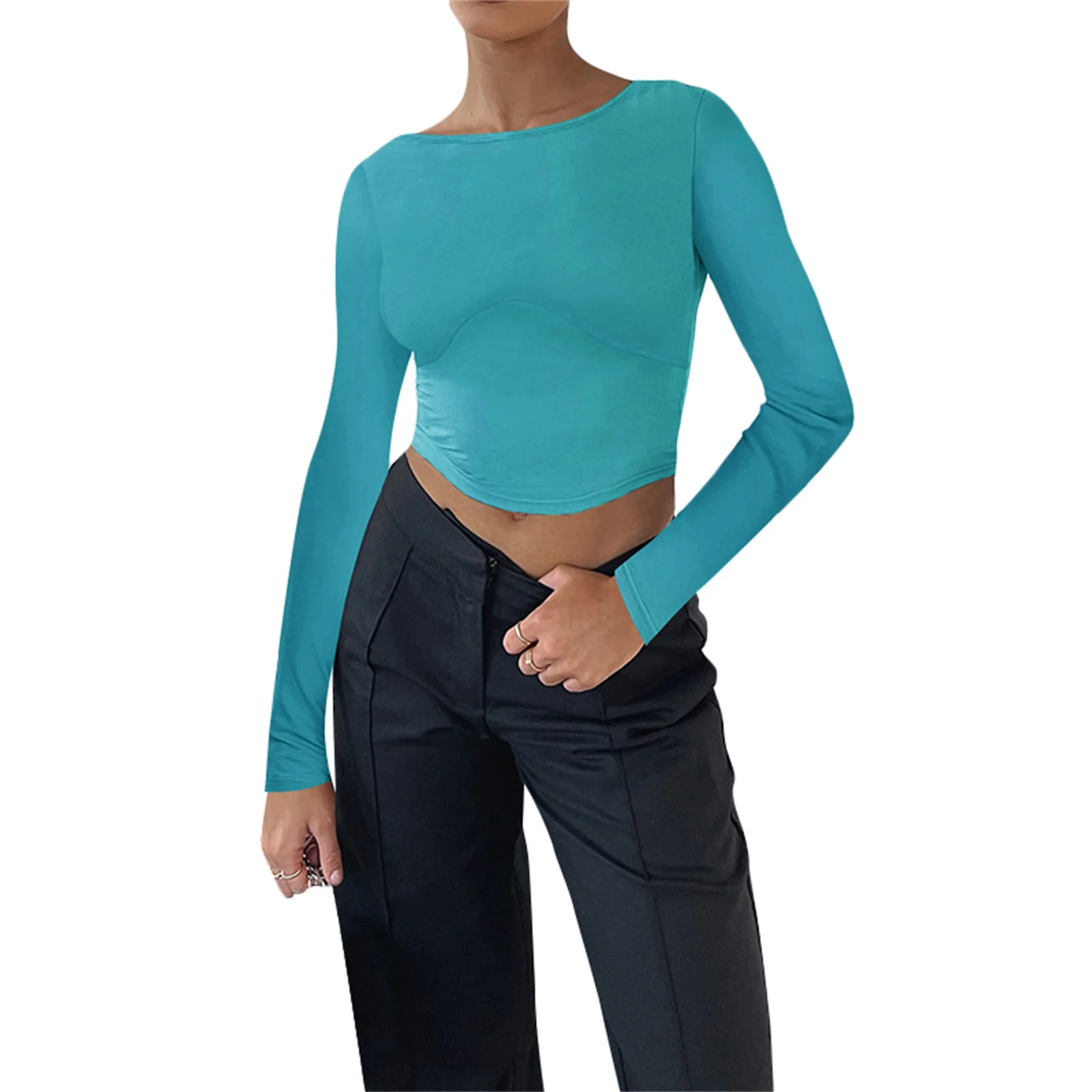 Women´s Long Sleeve Cropped Tops Solid Color Round Neck Backless Show Navel T-shirt for Spring Summer