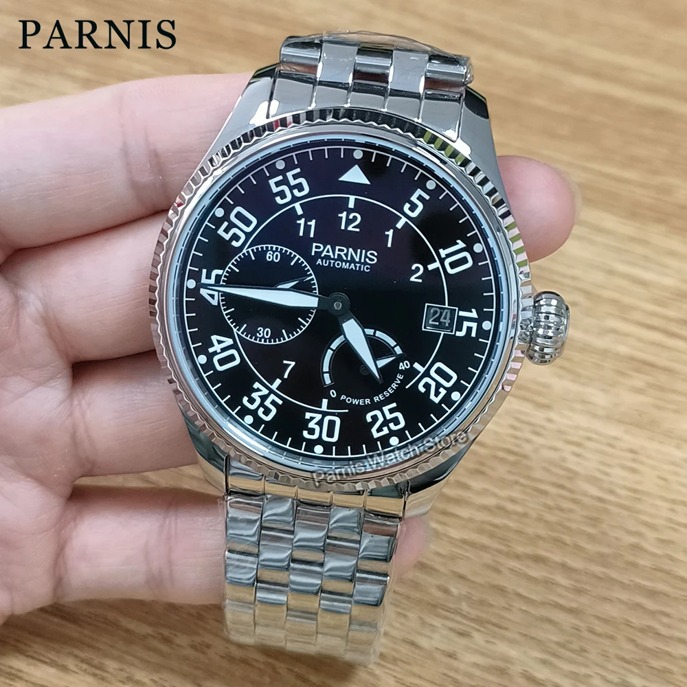 Parnis 45mm Black Dial Automatic Mechanical Mens Wristwatch Calendar Stainless Steel Bracelet Watch for Men