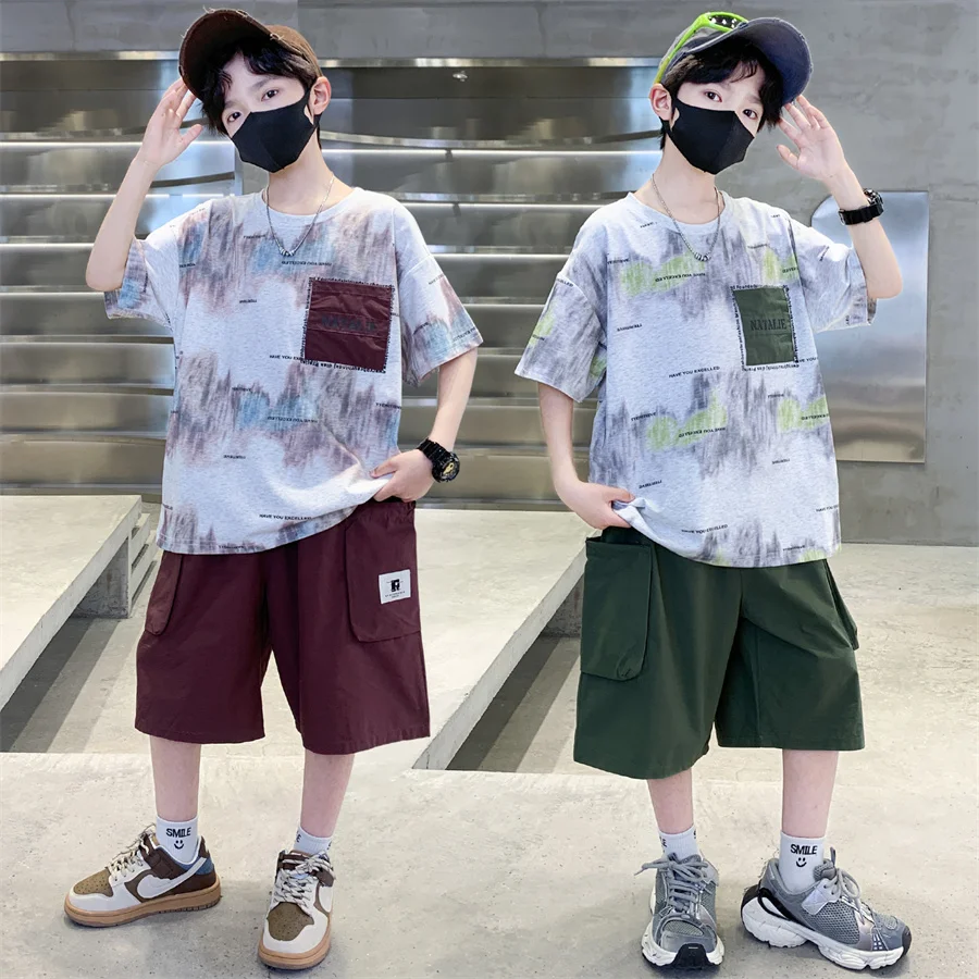 

Stylish Childrens Summer Set for Boy Top and Bottom Clothes Set 2 Pieces Tracksuit New Kids Designer Cotton Clothing Suit Outfit