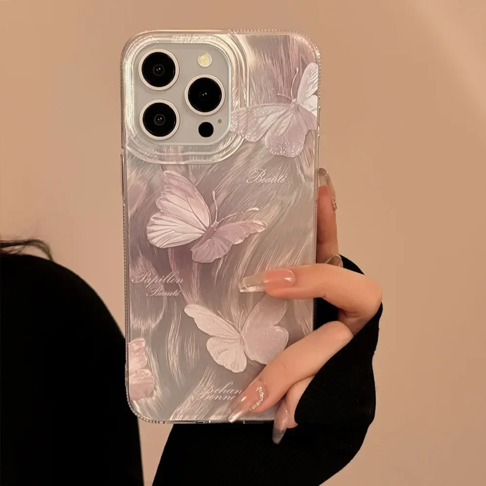 Ins Style Pink Purple Gradient Butterfly Phone Case for IPhone16 15 14 12 13 11 Pro ProMax Plus X XR Shockproof Phone Cover