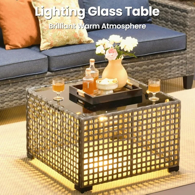 طقم أثاث للفناء مكون من 10 قطع، أريكة من الخيزران للاستخدام الخارجي مع كراسي دوارة هزازة وأضواء شمسية وطاولة ناري، دي حديث