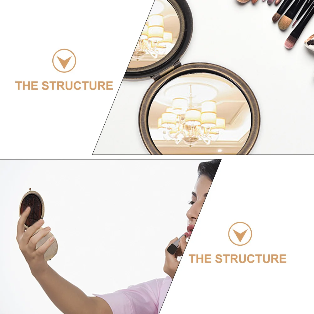 

2Pcs Vintage Wooden Metal Makeup Mirrors Foldable Double-Sided Compact Travel Pocket Mirror Lightweight Portable