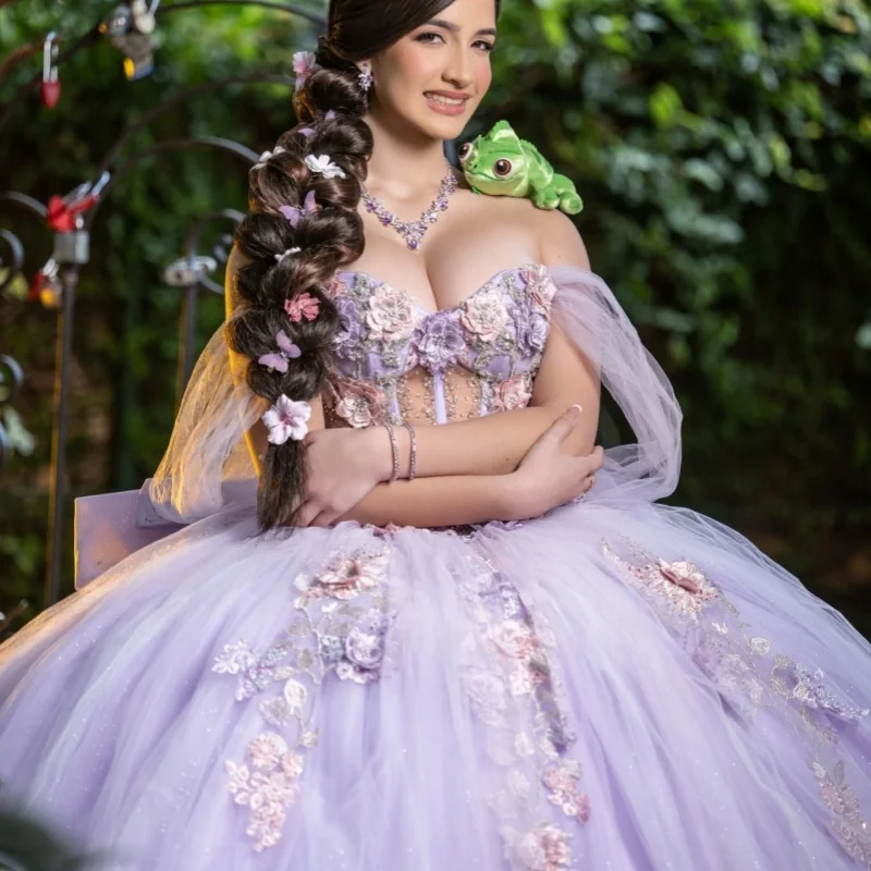 

Lavender Quinceanera Dresses Off the Shoulder Glitter Decal Lace 3D Flower Long tail Bow Vestido De 15 Quinceanera Customize