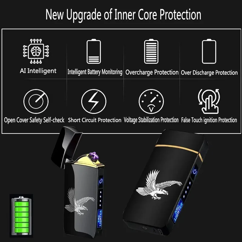 HOT Sell Metal Smart Windproof Electric Lighter Flameless Plasma Lighter Double Arc Usb Rechargeable Led Power Display Touch view 2