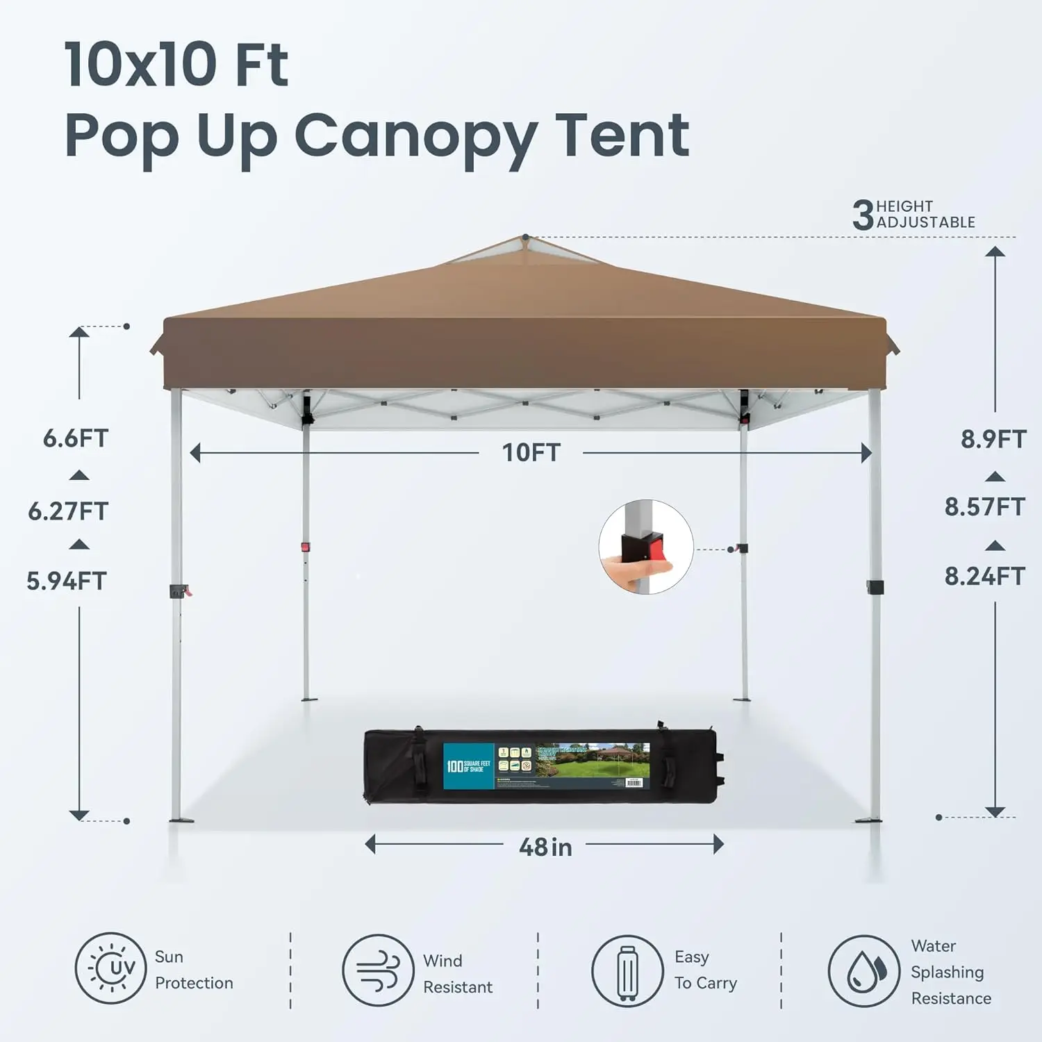 Pop Up Canopy 10 10 Tents For Parties With Wheeled Bag, Portable Lightweight Folding W/Adjustable Height,Dark & Light Brown