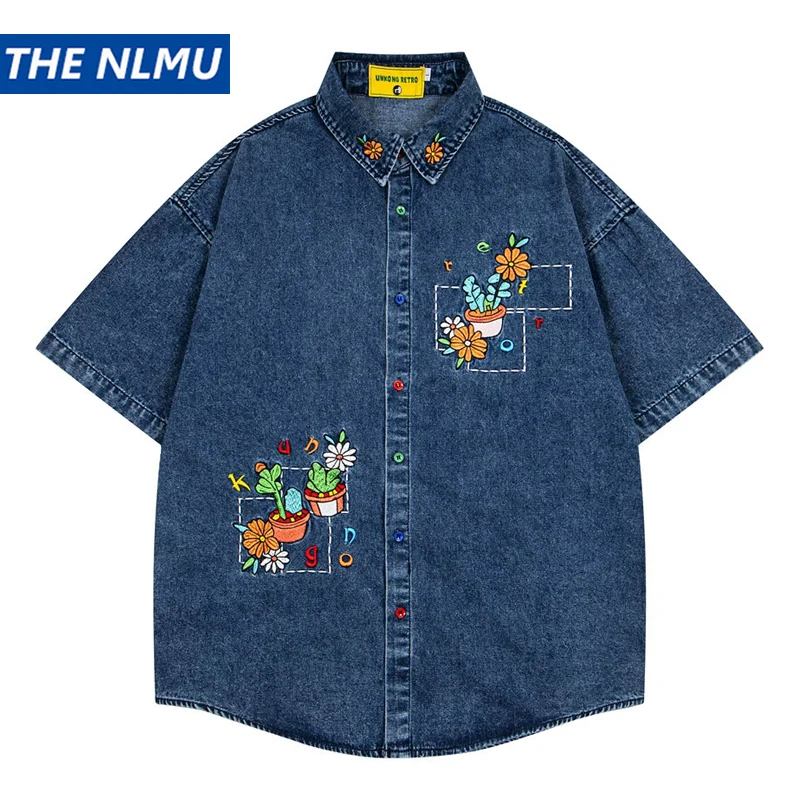 

Men Vintage Heavy Duty Flower Embroidered Shirt American Retro Washed Baggy Hip Hop Casual Denim Top