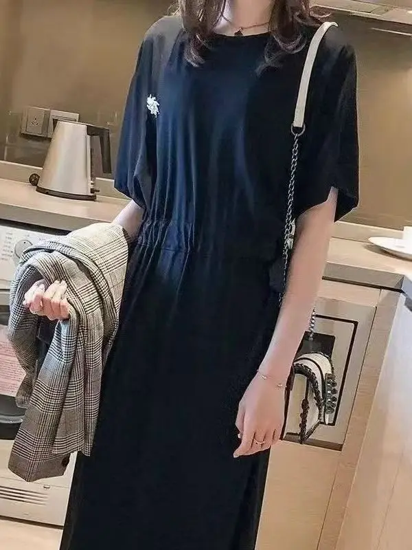 

plus Size Women's Korean Style T-Shirt Long Skirt Belted Waist Summer Casual High Waist A-Line Dress Polyester Fiber