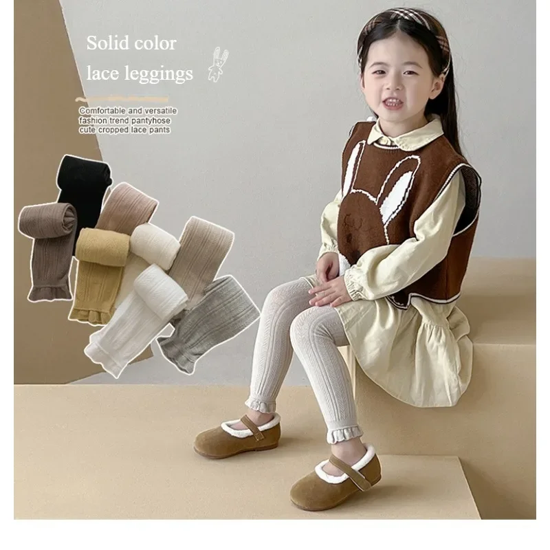 

Spring and Autumn Thin Style Girls Pure Cotton Leggings Baby Solid Color Lace Nine Cent Pants Tight And Warm Children's Clothing