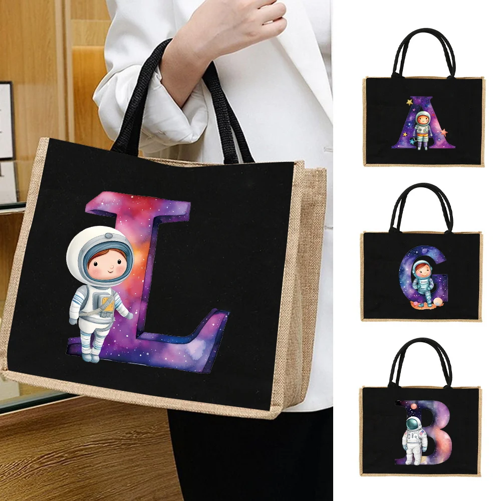 

New Astronaut Letter Printing Pattern Hemp Bag Designer Handbag Linen Shoulder Bag Jute Imitates Linen Bags Women's Shopping Bag