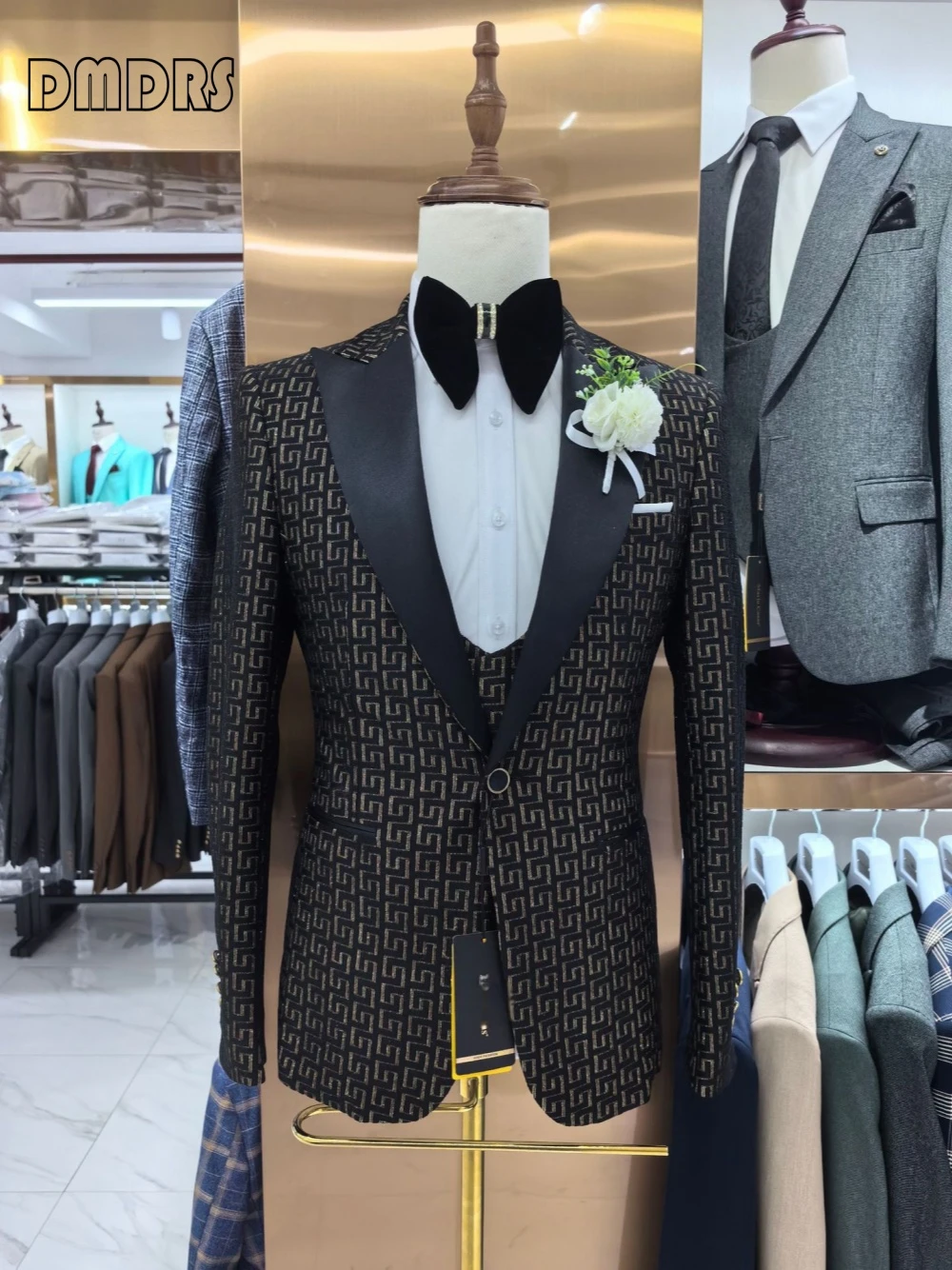 Formal Pattern Men's Wedding Customized Hosting Suit 3-piece Set Blazer Pants Vest In Stock Fast Shipping One Button Groom Wear