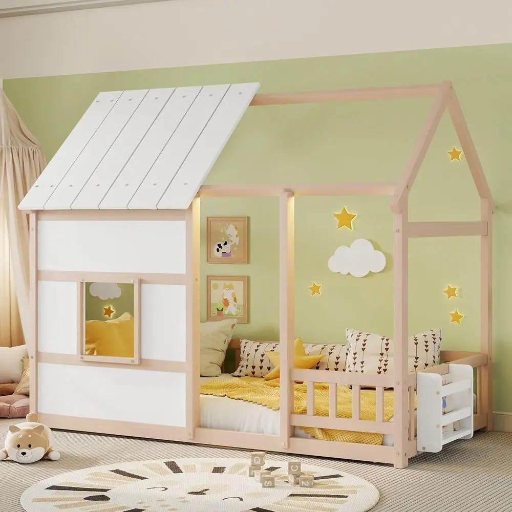 

Twin Size Wooden Kids Bed with 7-Color LED Lights, Low Profile Platform Design, Movable Bookshelf, No Box Spring Needed, Nude an