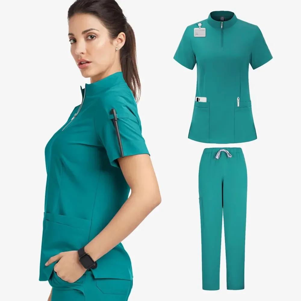 Pranie ubrań Damskie letnie ubrania robocze z krótkim rękawem Casual Stójka z zamkiem błyskawicznym Top Salon kosmetyczny Medico Mundur pielęgniarki
