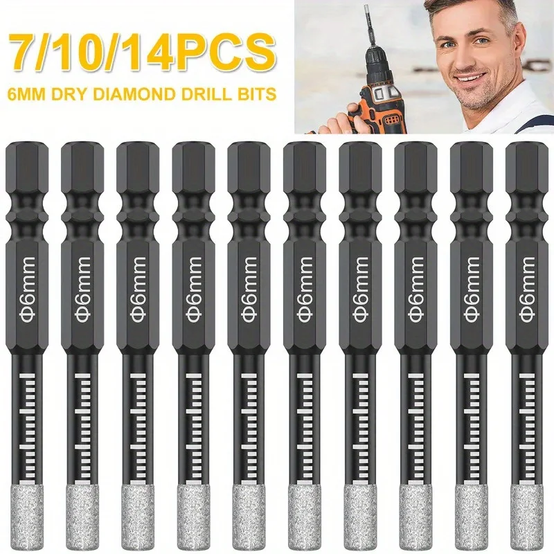 7/10/14pcs Heavy-Duty Diamond Drill Bit Set Vacuum Brazed  Hex 6mm Diamete For Porcelain/Granite/Marble/Tile Drilling Bits Set