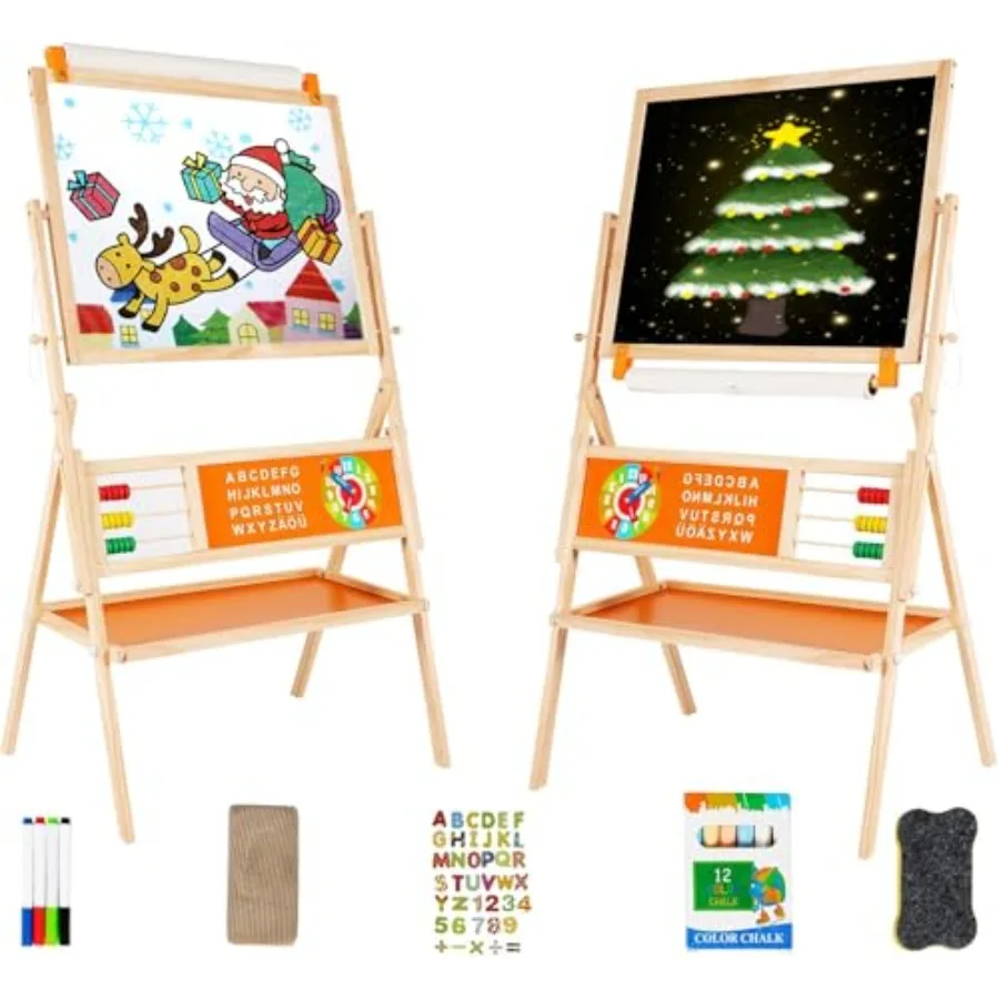 

Деревянный мольберт 3-в-1 для малышей: двусторонний мольберт с магнитной доской и меловой доской, вращающийся на 360°, с держателем для рулонов бумаги