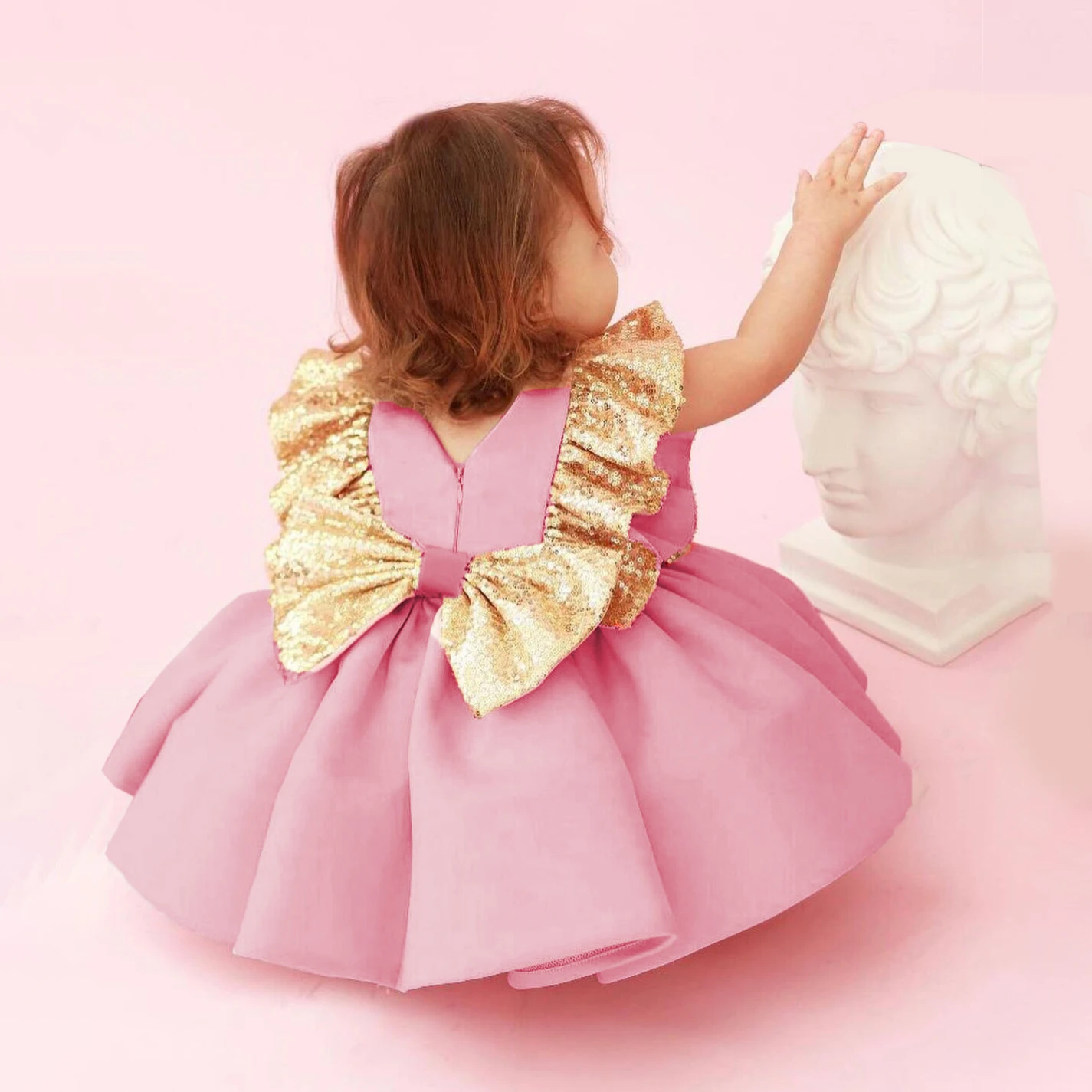 Sequin Bow Baby Girl Party Dress Christmas Costume Flying Sleeve 1st Birthday Wedding Princess Girl Dresses Bridemaid Prom Gown