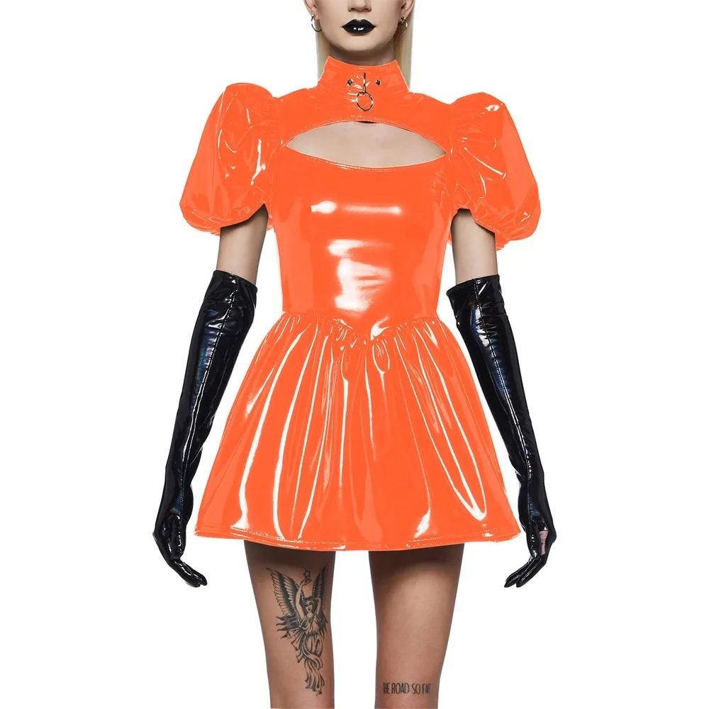 Punk Hollow Out Turtleneck Shiny Leather A-line Pleated Dress, Short Puff Sleeve, Mini PVC Party Dresses, Clubwear, Hotties