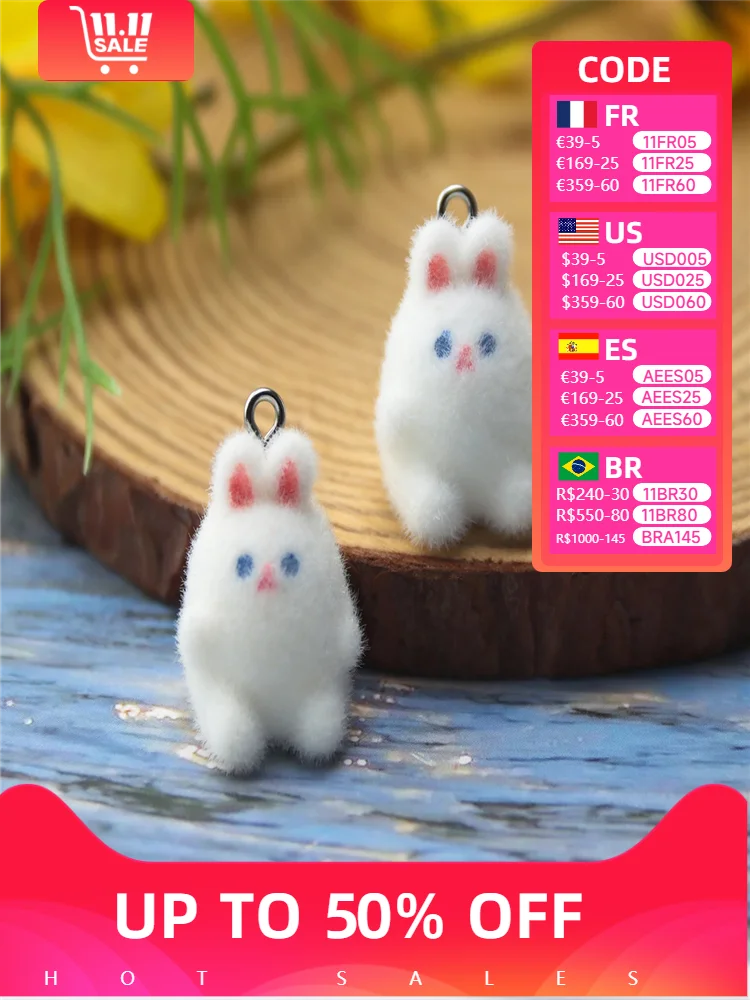 

30Pcs Fluffy Flocking Animal Rabbit charms cute Cartoon Animal Pendant For Keychain Earring Necklace DIY Crafts Jewelry Make