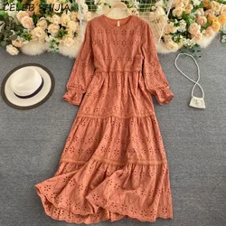 Vacation Round-collar Hollow Lace Dress Woman White Oversized Long Sleeve Elegant Maxi Dresses Woman Yellow Vestido De Mujer