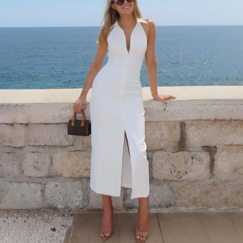 

Поп-белое длинное платье с v-образным вырезом, новое летнее однобортное длинное платье без рукавов с лацканами и разрезом, модное женское вечернее платье