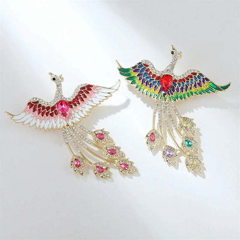 Fashionable Rhinestone Phoenix Brooch with Long Tail Exquisite Accessory for Clothing And Bags Versatile Temperament Gift