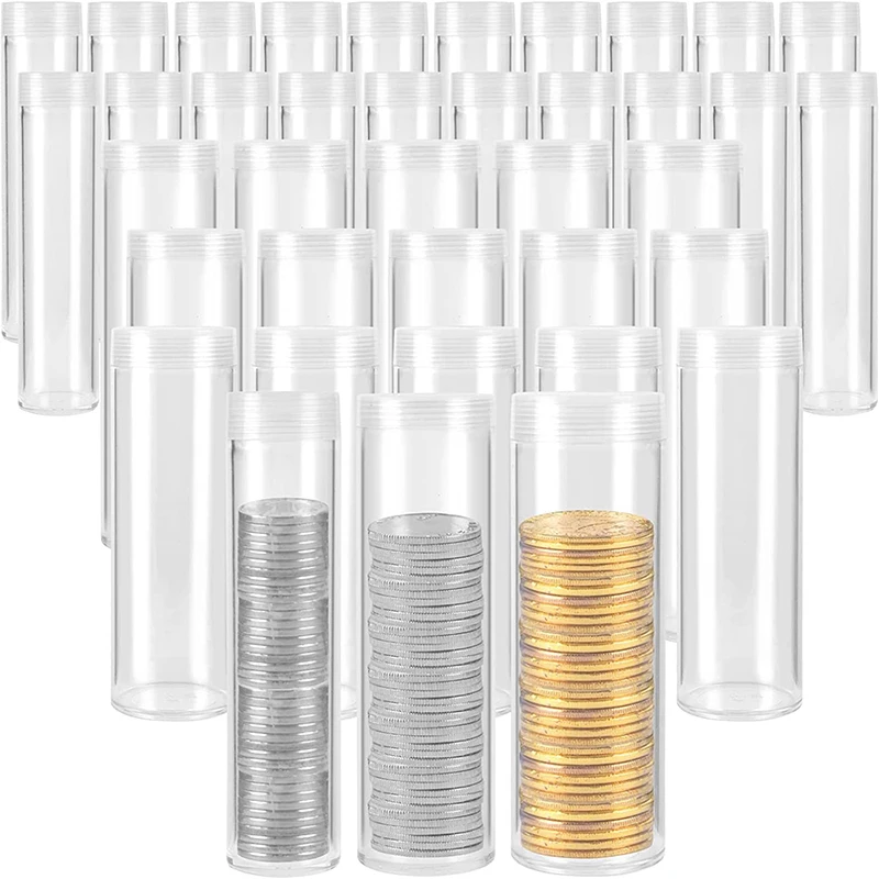 10pcs Coin Tubes Quarter Rolls Wrappers Plastic Coin Holders Clear Storage Containers