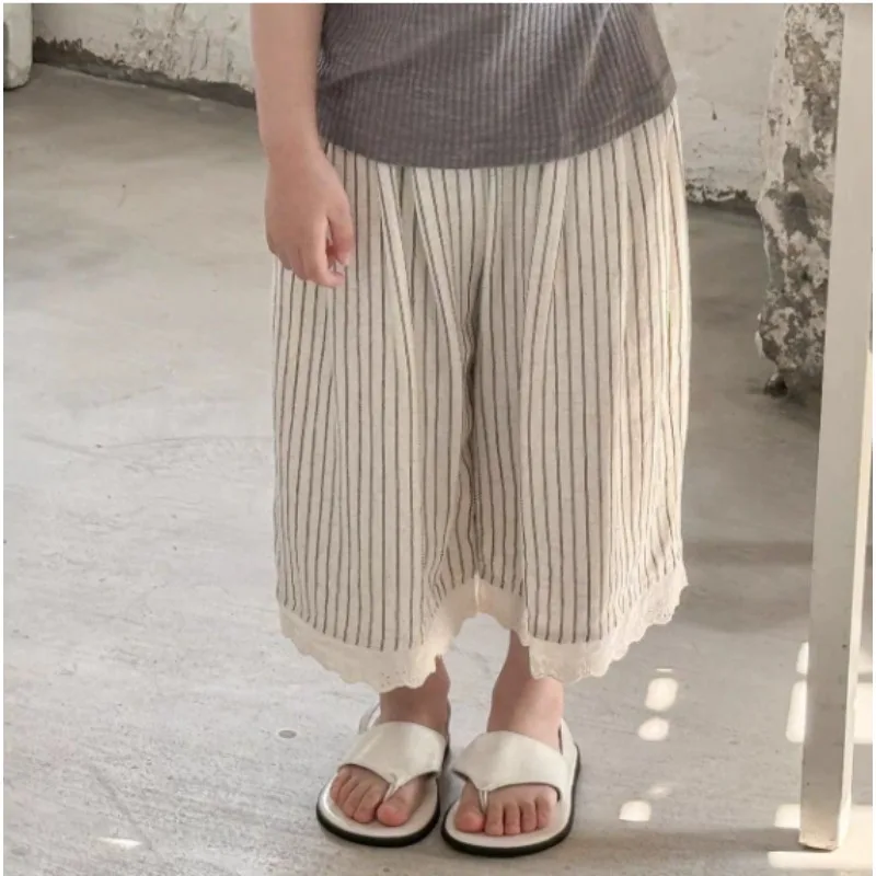 

2025 New Spring Baby Girls Cotton Linen Wide Leg Pants Korean Style Lace Striped Children Loose Trousers