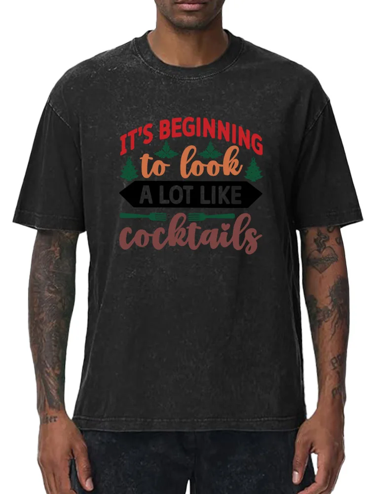 

Look a Lot Like Cocktails 230g Heavy Cotton Washed Oversized T-Shirt for Men Christmas Graphic Tee Retro Casual Top