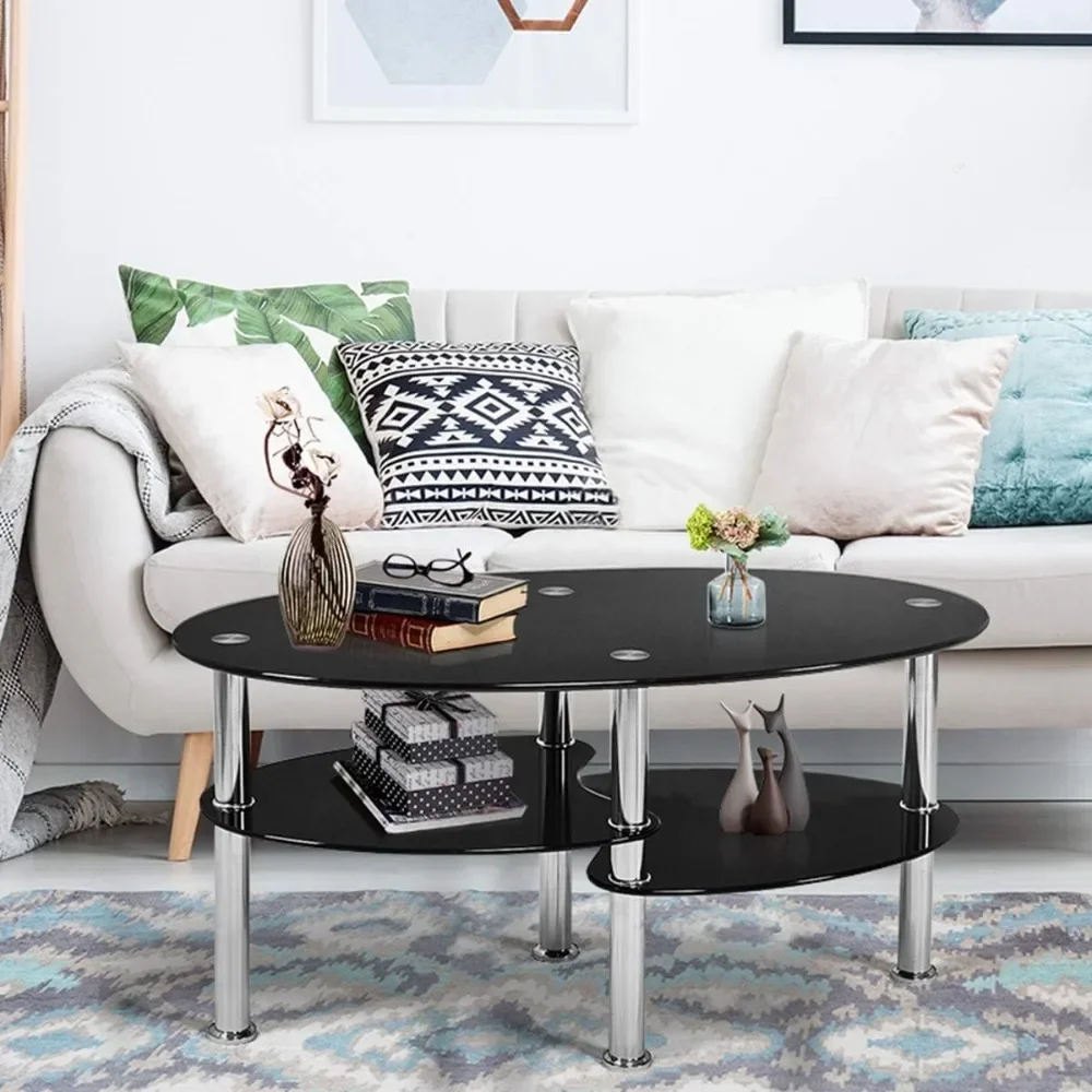 

Glass Coffee Table, 2-Tier Modern Oval Smooth Glass Tea Table End Table for Home Office with 2 Tier Tempered Glass Boar