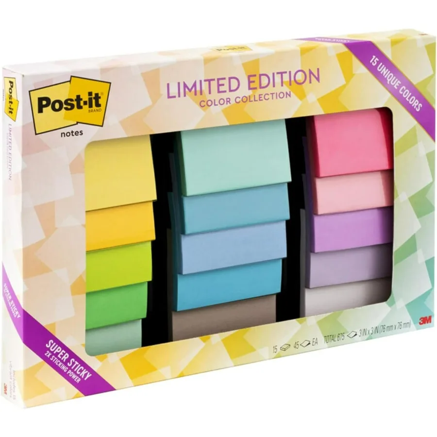 

Коллекция цветов Super Sticky Notes Limited Edition для офиса и домашнего использования, размер 3x3 дюйма, 15 подушечек в упаковке, 45 листов на Pad Id
