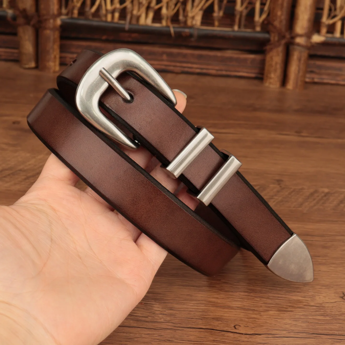 2.4cm Real Genuine Leather Women's Belts,Simple New Style High-end Fashion Decoration Retro Ins Jeans Silver Buckle Belt