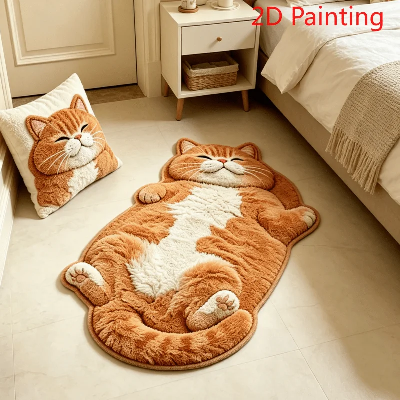 Cute Lying Ginger Cat Shaped Bath Mat Fluffy Cartoon Kitten Bathroom Rug Non Slip Absorbent Floor Mat for Bathroom Door Entryway