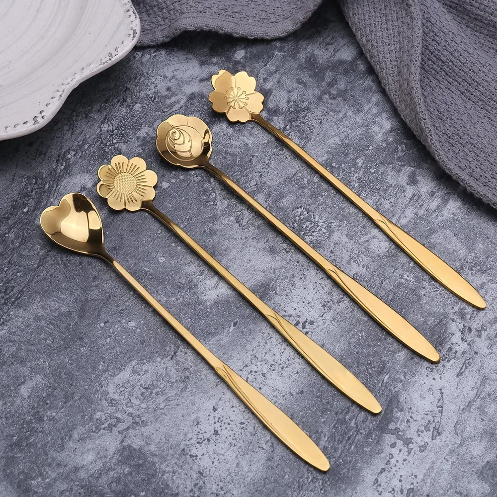 6pcs Gold Flower Stainless Steel Coffee Spoons Set Tea Spoon Honey Dessert Scoop Long Handle Teaspoon Cafe Tableware Coffeeware