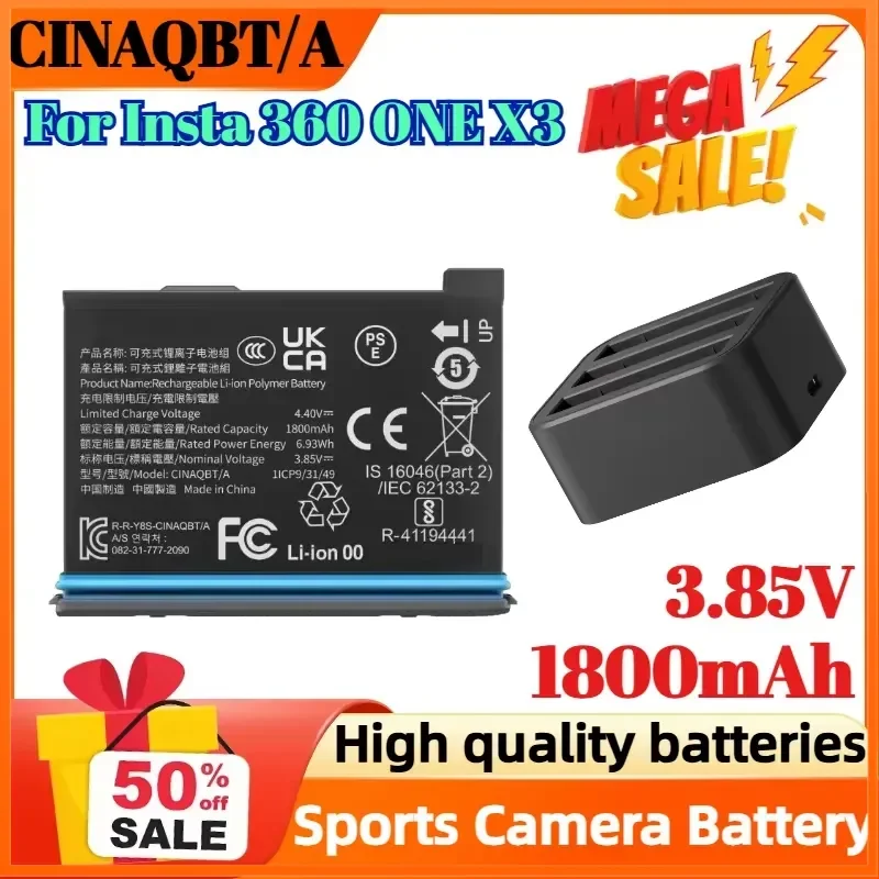 CINAQBT/A 3.85V 1800mAh Battery for Insta 360 ONE X3 Sports Camera Rechargeable Battery Three Charger