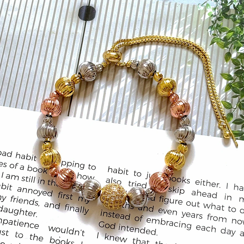 Fashion Tri Color Texture Beaded Bracelet for Women, Gold Plated Adjustable Chain Charm Bracelets, Fashion Unique Jewelry Gifts