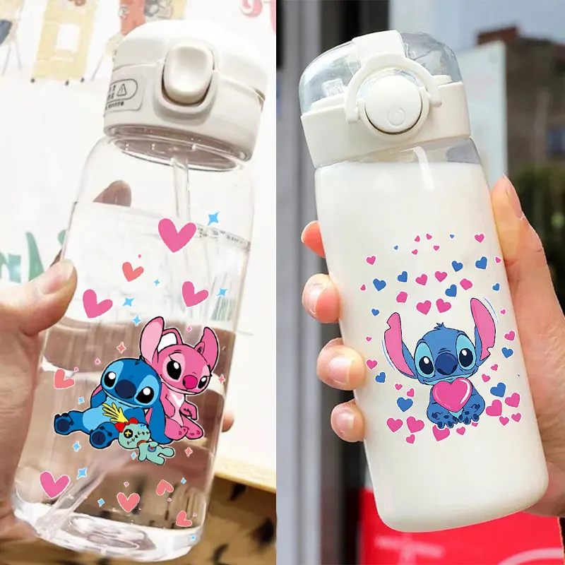 600/400ML Lilo&Stitch Straw Bottles Disney Drinking Office Transparent Portable Anti Drop Children's Water Bottle PC Material