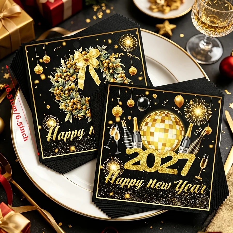 20pcs New 2027 New Year Luxury Black and Golden Disposable Napkins, Sequined Disco Ball Shiny Printed Cocktail Napkins
