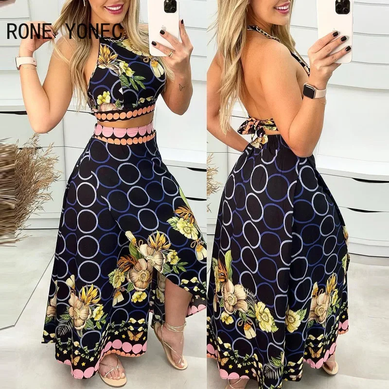 Women Casual Floral Print Halter Lace Up Crop Tops High Silt Skirt Maxi Vacation Skirt Sets