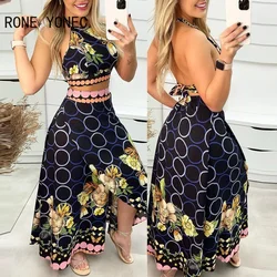 Conjunto de falda con estampado Floral para mujer, Top corto informal con cordones, falda de seda alta, falda Maxi para vacaciones