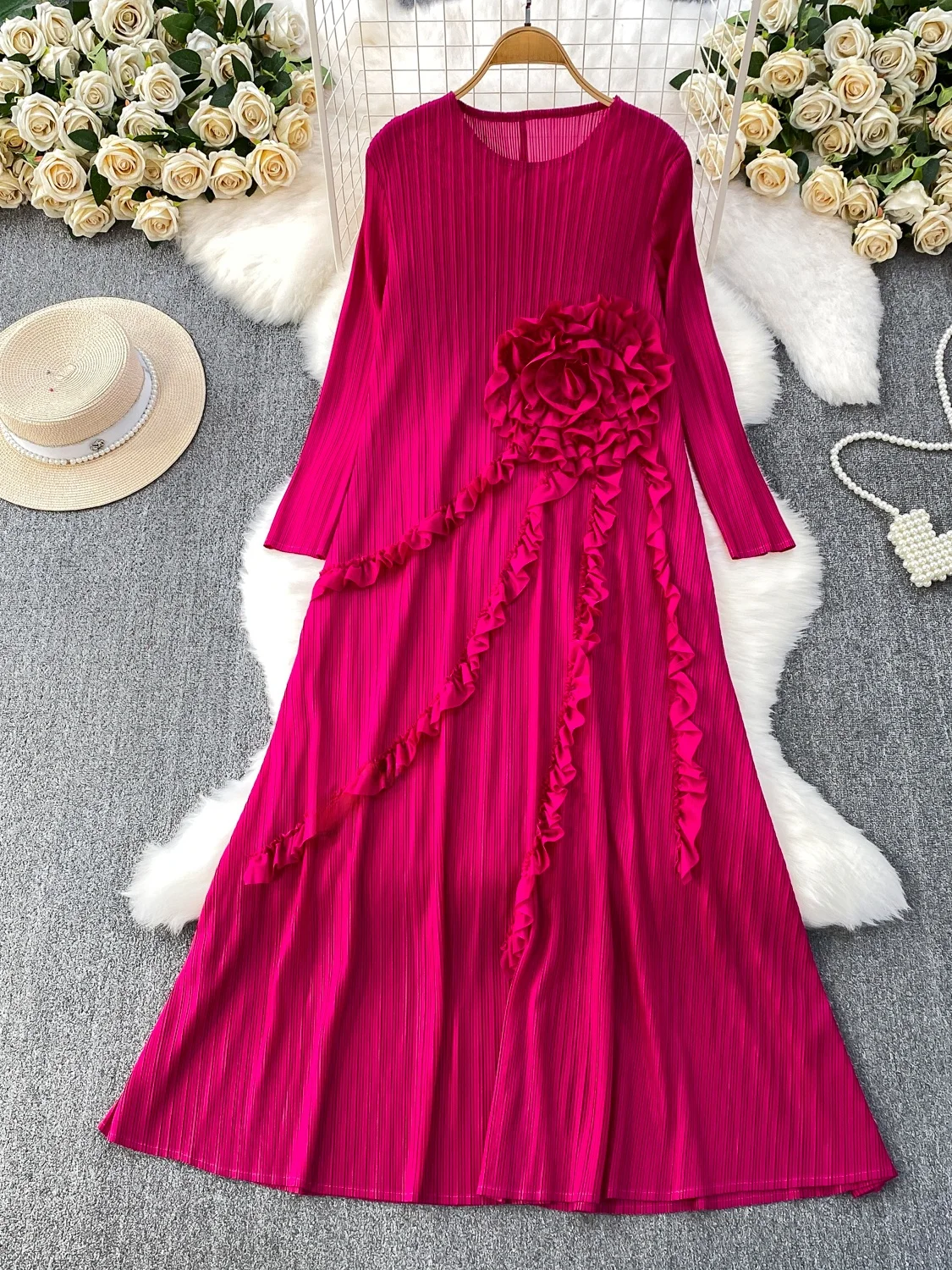 Ele Casual round Ne Maxi Skirt Dr Women Autumn Winter Heavy Embellied Pleated Dr Ci Commute Par Dr