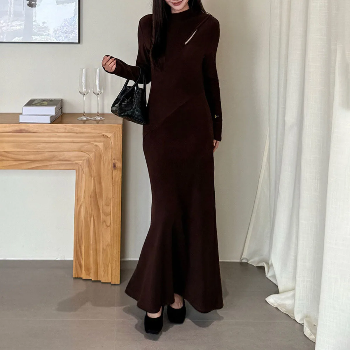 KWTX 2025 nuevo vestido de fiesta elegante Vintage de manga larga Maxi cuello redondo doble botonadura corte Casual sólido Otoño Invierno