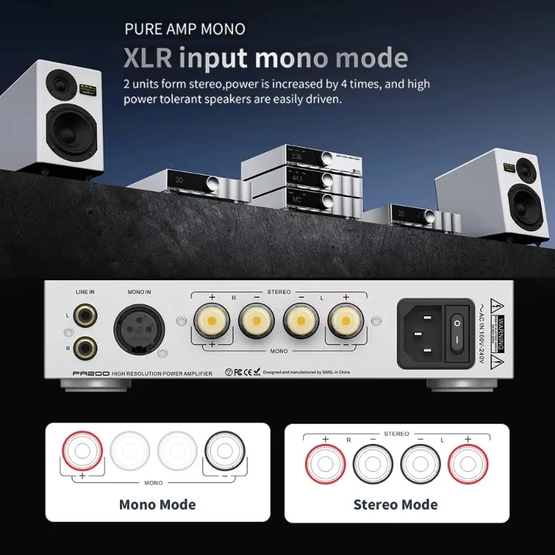 SMSL PA200 Gallium Nitride Power Amplifier XLR Mono Input Mode Stereo Pure Amplifier Audio Grade Pass-Through Mode High-Power