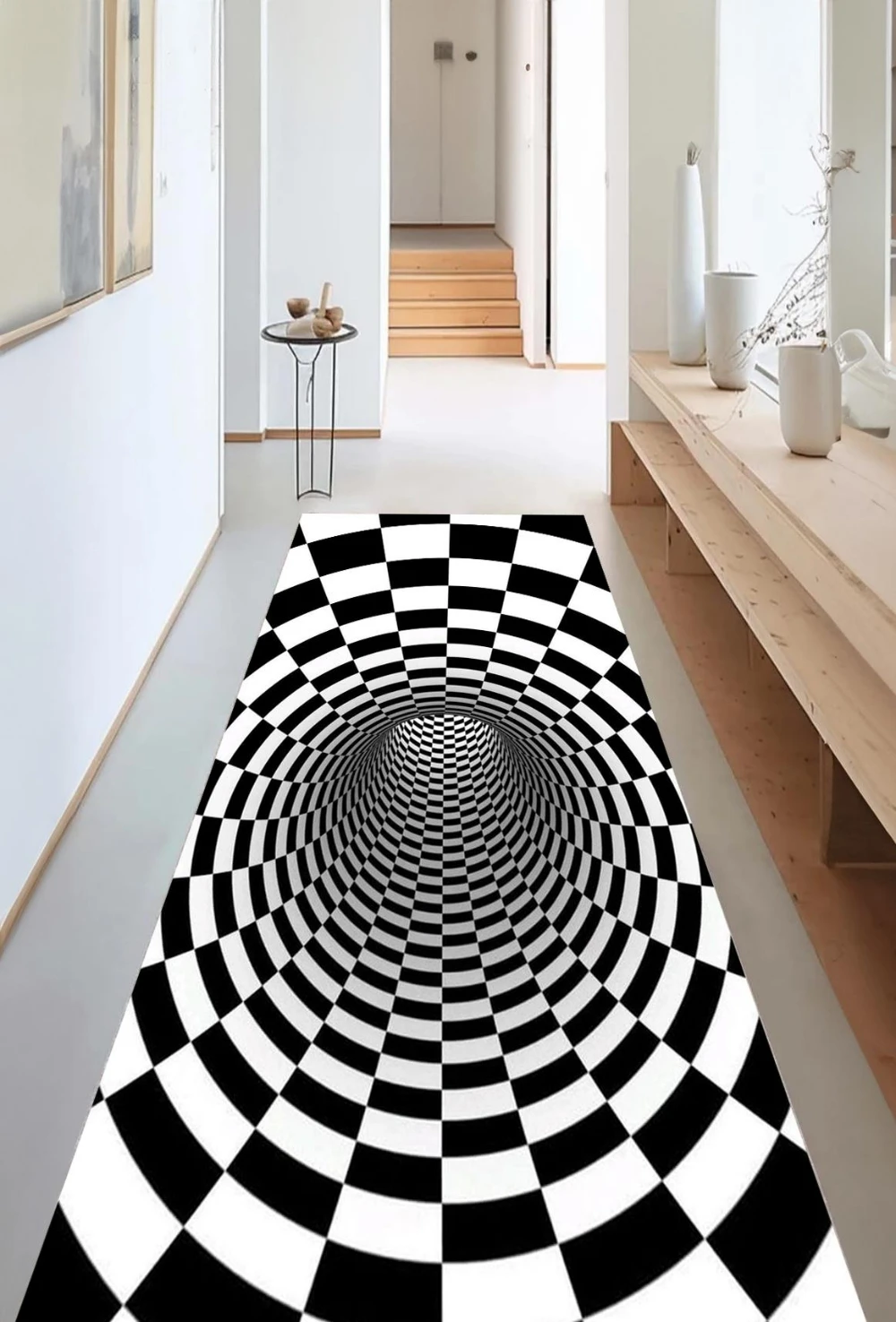 Retro Black White Checkered Vortex Optical Illusion rug game room apartment condo living room stable floor mat Christmas gift
